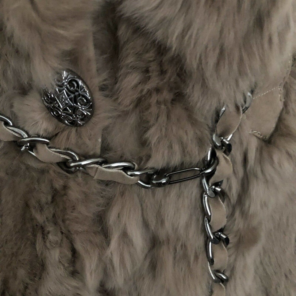 Love Token Natural Rabbit Fur Vest Taupe Sz XS Chain Belt Faux Suede Buttoned - Picture 3 of 8